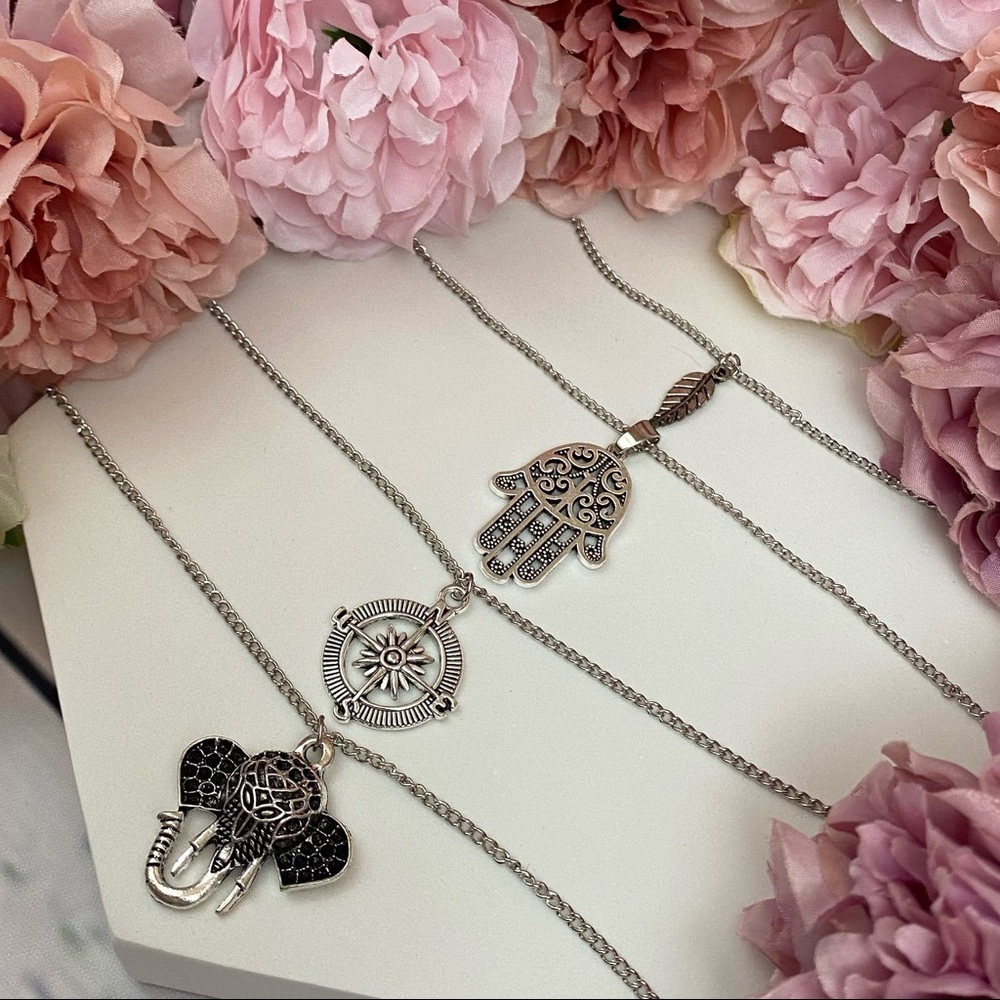 Boho Silver Leaf Hamsa Compass Elephant Necklace - Picture 7 of 15